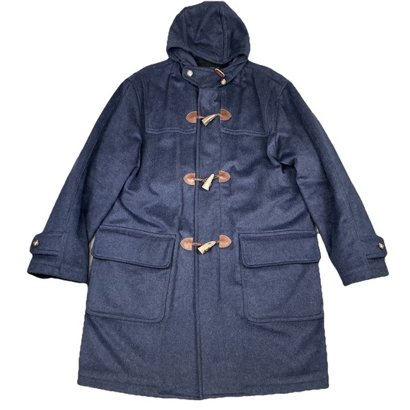 Vtg Lands End Toggle Men's Hooded Navy Wool Coat Quilt Lined Duffle Pischl ~ L